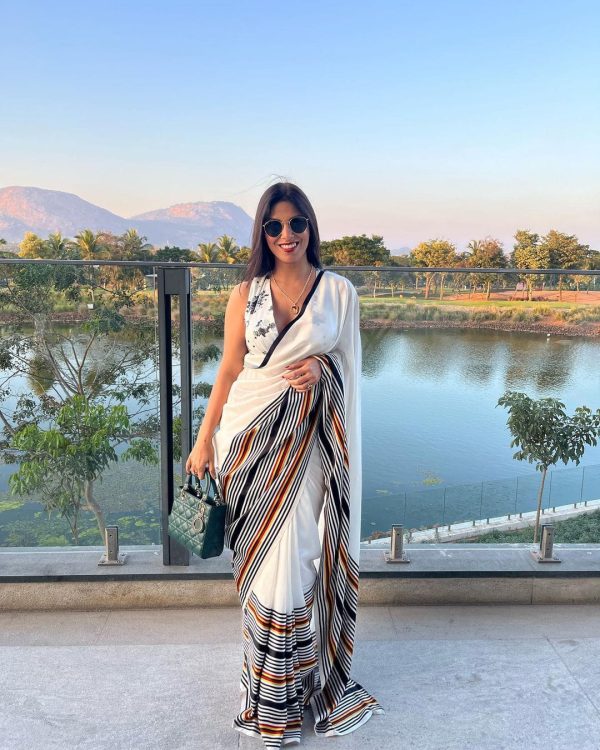 Peaceful White Color Satin Silk Blouse Digital Print Work Saree