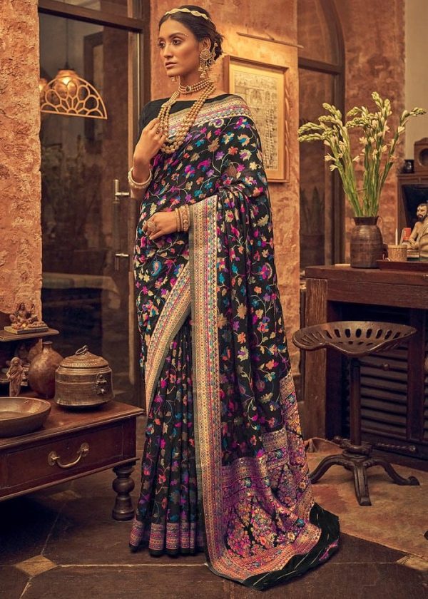 Perfect Black Color Kashmiri Running Thread Zari Work Saree