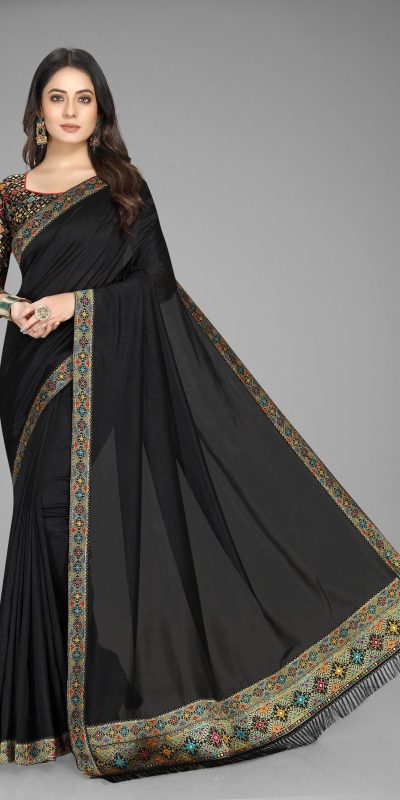 Perfect Black Color Vichitra Silk  Rich Pallu Jacquard Border Saree