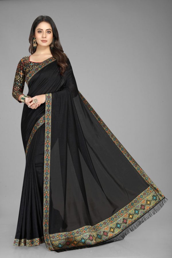 Perfect Black Color Vichitra Silk  Rich Pallu Jacquard Border Saree