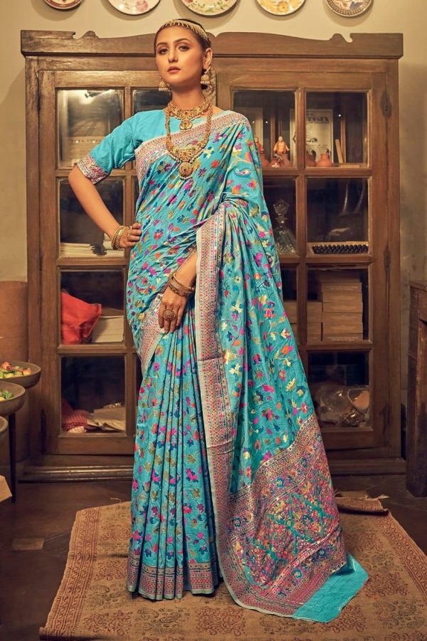 Perfect Blue Color Kashmiri Running Thread Zari Work Saree