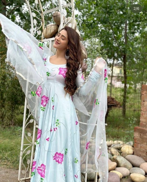 Perfect Blue Color Satin Georgette With Digital Print Anarkali Suit