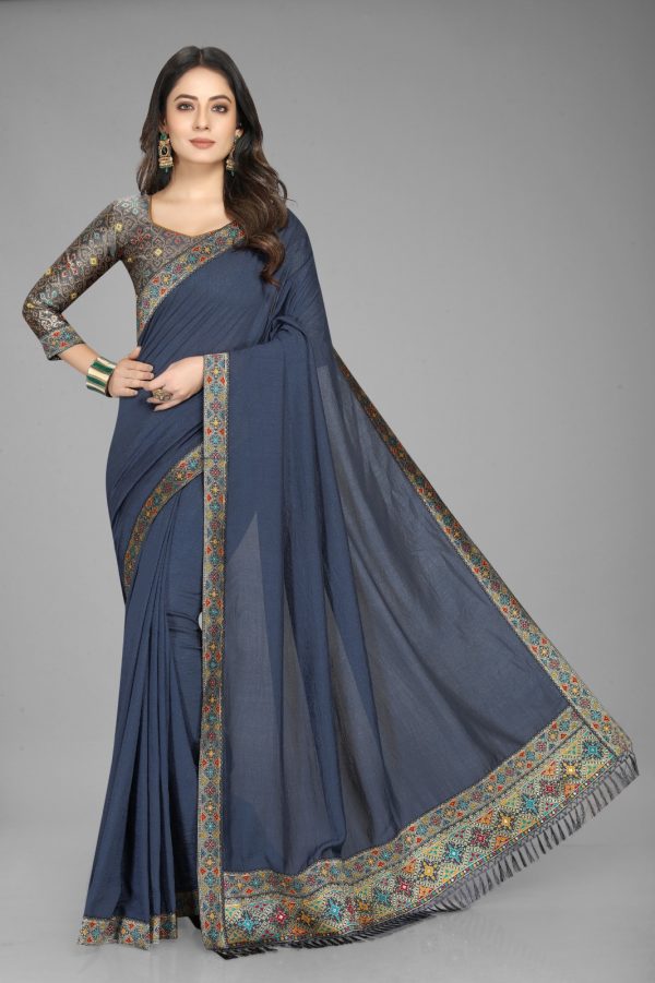 Perfect Blue Color Vichitra Silk  Rich Pallu Jacquard Border Saree