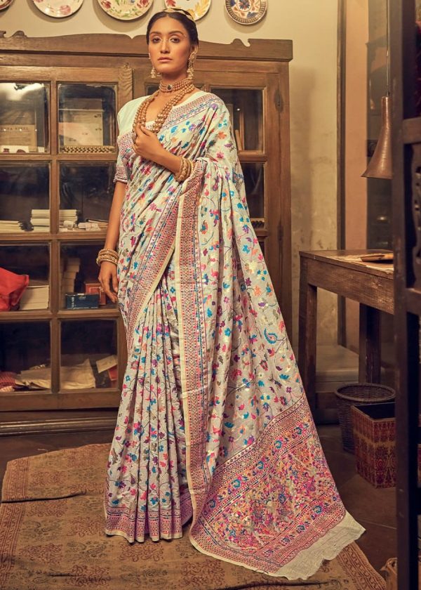 Perfect Cream Color Kashmiri Running Thread Zari Work Saree