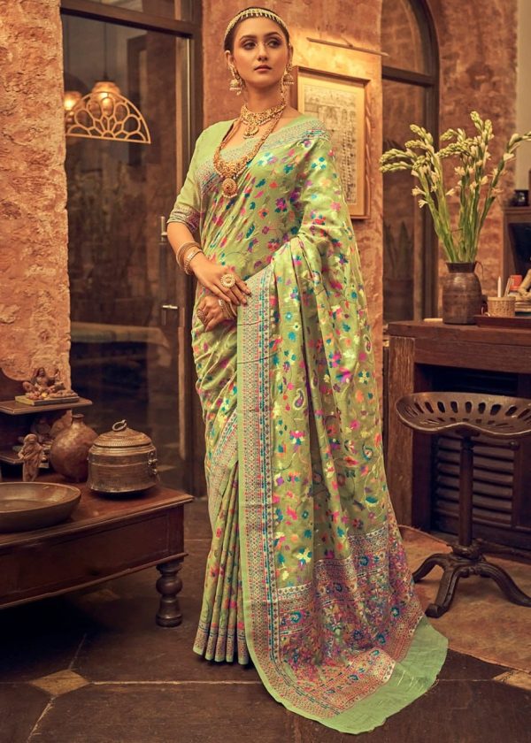 Perfect Green Color Kashmiri Running Thread Zari Work Saree