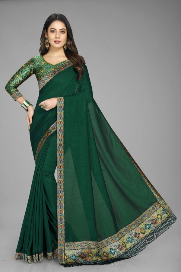 Perfect Green Color Vichitra Silk  Rich Pallu Jacquard Border Saree