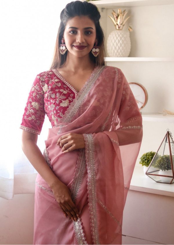 Perfect Peach Color Pure Soft Organza Zari Sequence Saree