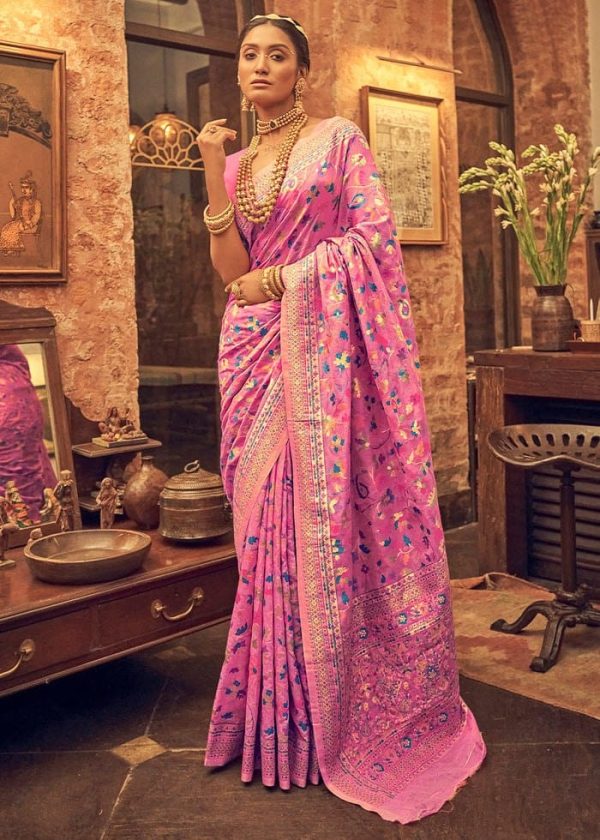 Perfect Pink Color Kashmiri Running Thread Zari Work Saree