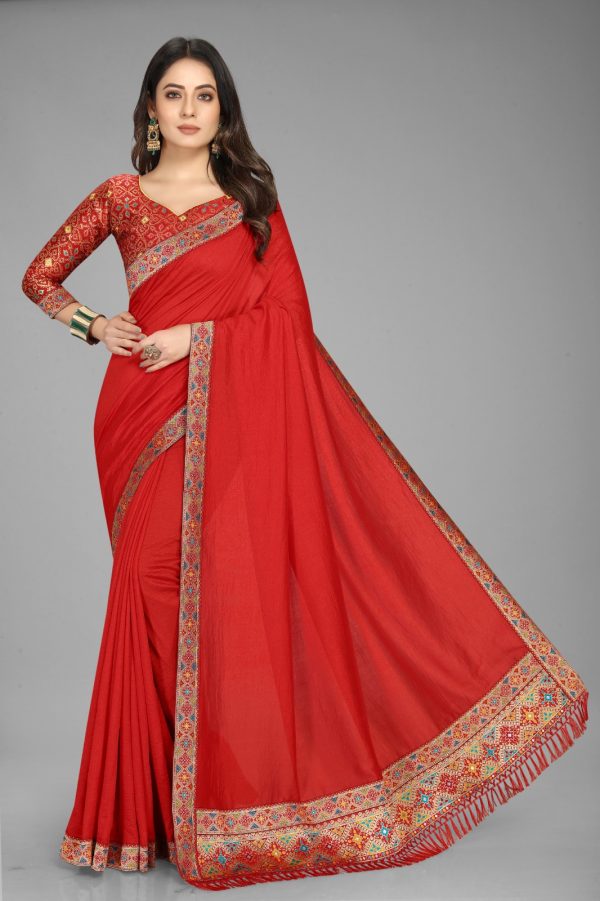 Perfect Red Color Vichitra Silk  Rich Pallu Jacquard Border Saree