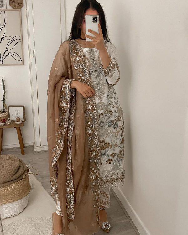 Perfect White Color Georgette Embroidery Sequence Salwar Suit