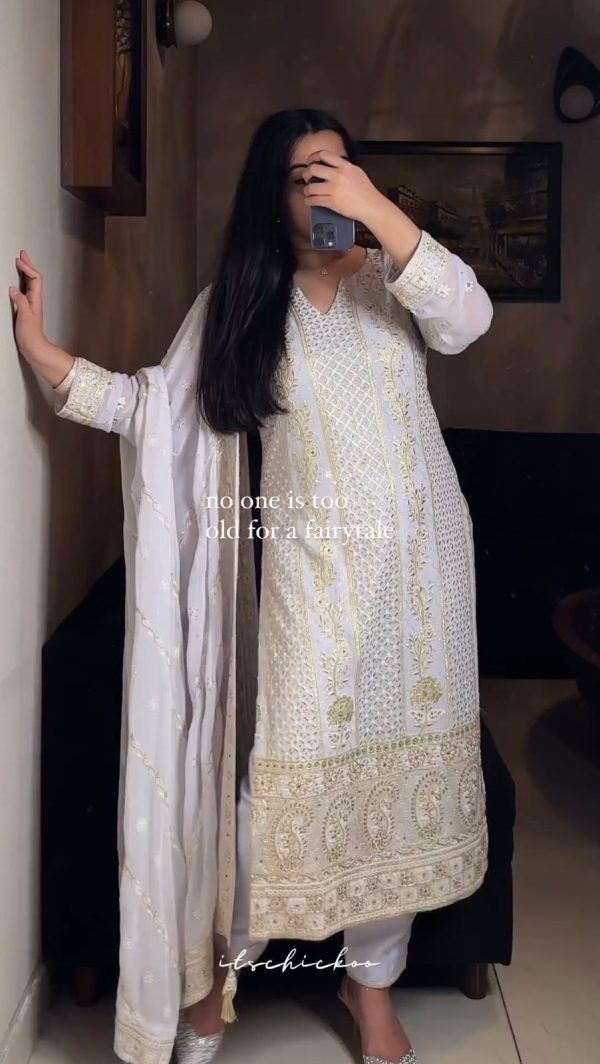 Perfect White Color Georgette Sequence Embroidery Salwar Suit