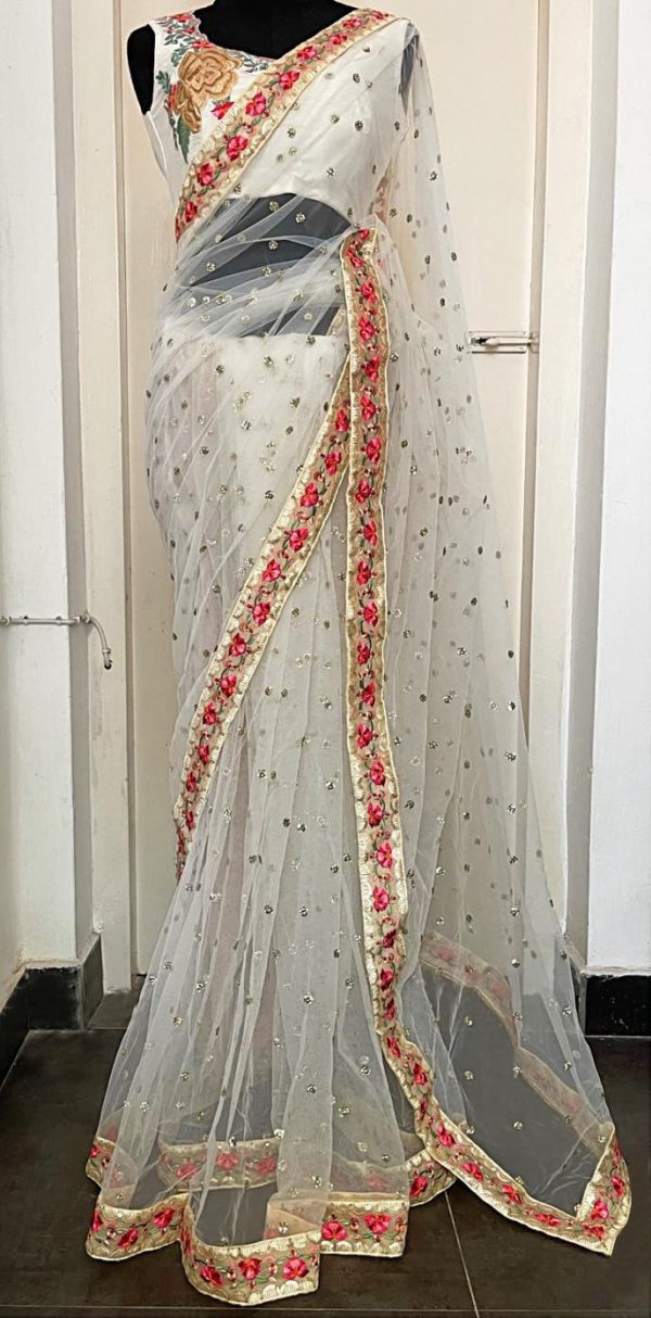 Perfect White Color Nylon Butterfly Net Thread & Zari Work Saree