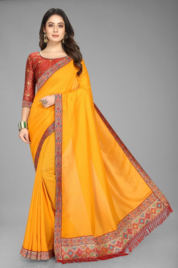 Perfect Yellow Color Vichitra Silk  Rich Pallu Jacquard Border Saree
