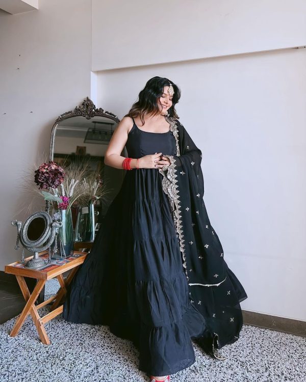 Pretty Black Color Chinon Embroidery Sequence Anarkali Suit