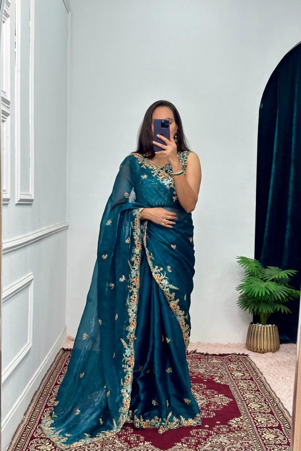 Pretty Blue Color Burberry With Blooming Embroidery Saree