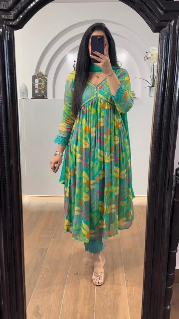 Pretty Green Chinon Printed & Sequence Embroidery Salwar Suit