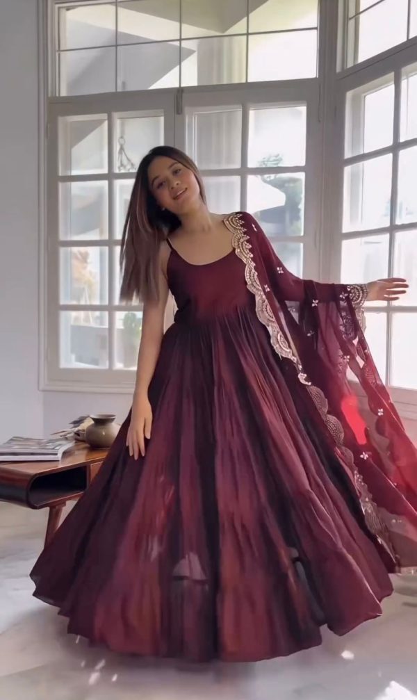 Pretty Maroon Color Chinon Embroidery Sequence Anarkali Suit