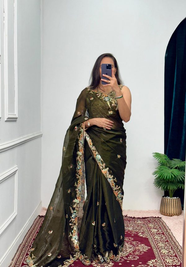 Pretty Mehndi Color Burberry With Blooming Embroidery Saree