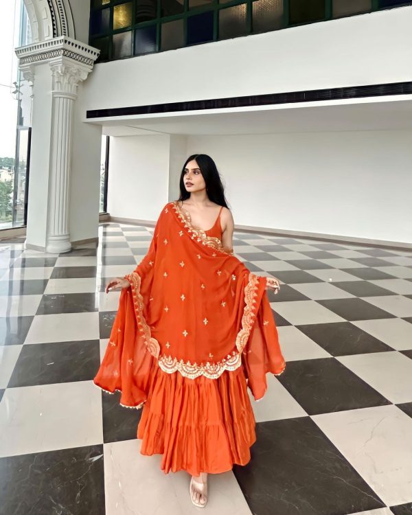 Pretty Orange Color Chinon Embroidery Sequence Anarkali Suit
