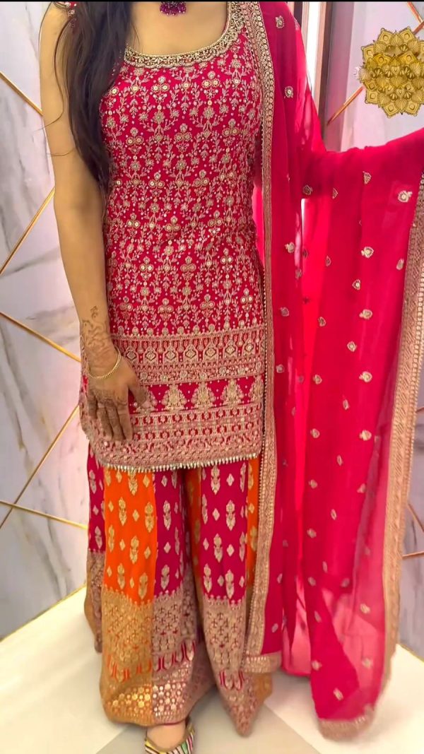Pretty Pink Color Georgette Embroidery Sequence Sharara Suit