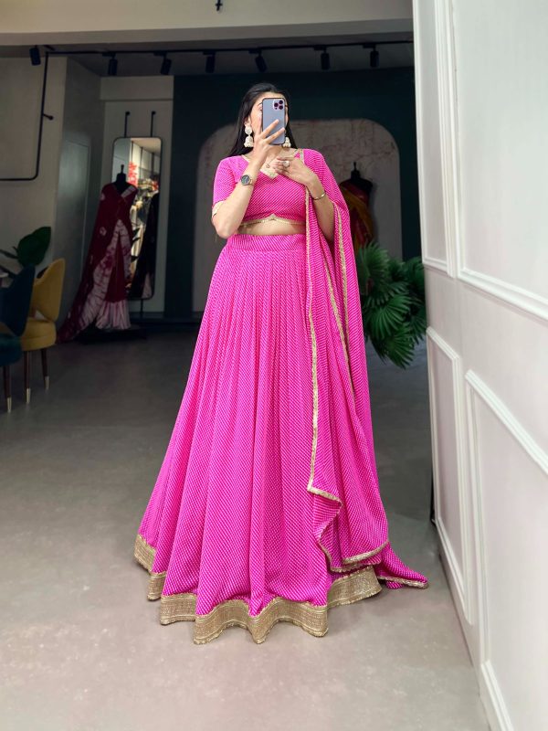 Pretty Pink Color Georgette Print With Lace Border Lehenga Choli