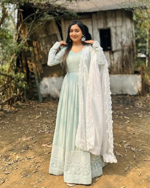 Pretty Pista Green Color Georgette Embroidery Sequence Gown