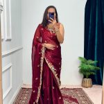 Pretty Red Color Burberry With Blooming Embroidery Saree
