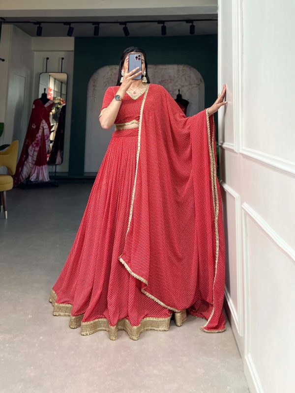 Pretty Red Color Georgette Print With Lace Border Lehenga Choli