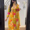 Pretty Yellow Chinon Printed & Sequence Embroidery Salwar Suit