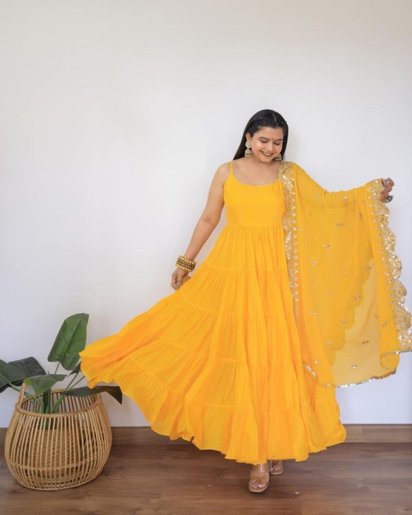 Pretty Yellow Color Chinon Embroidery Sequence Anarkali Suit