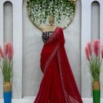Special Red Color Heavy Faux Georgette Hot Fix Work Saree