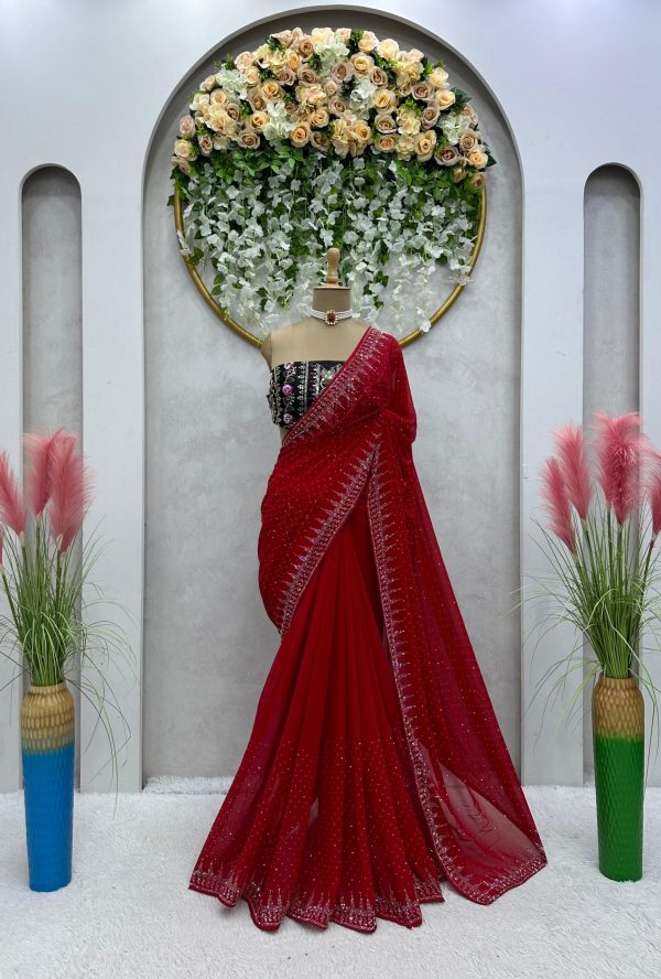 Special Red Color Heavy Faux Georgette Hot Fix Work Saree