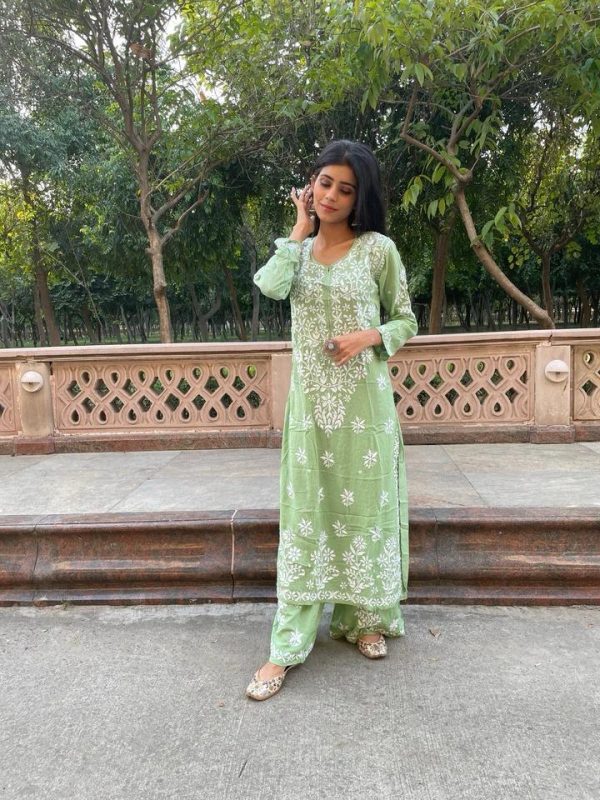 Splendorous Green Color Rayon Chine Stitched Work Salwar Suit