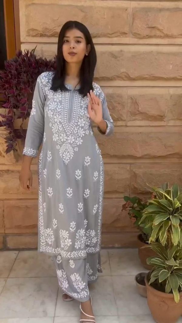 Splendorous Grey Color Rayon Chine Stitched Work Salwar Suit