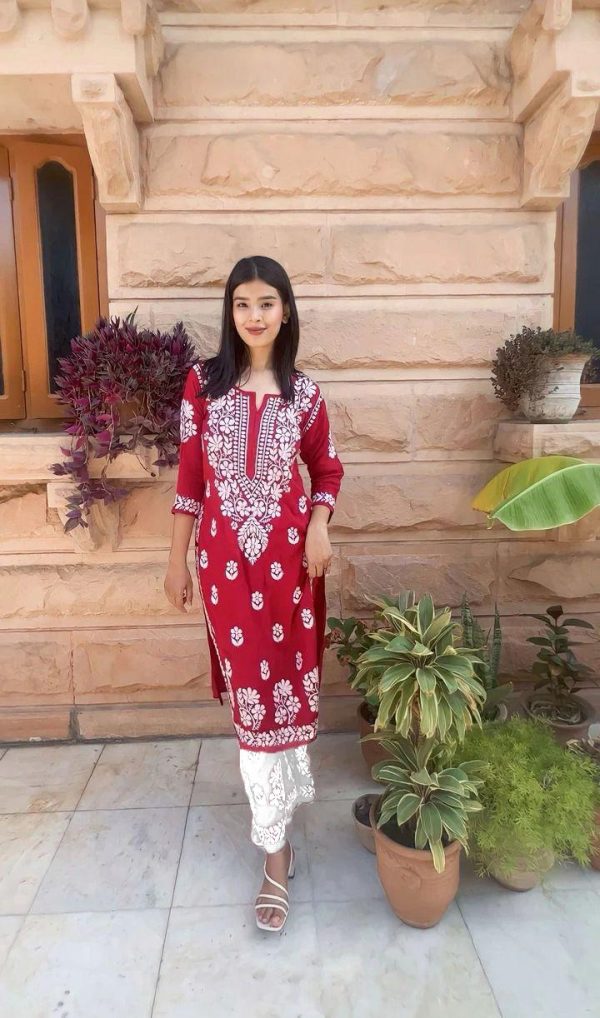 Splendorous Red Color Rayon Chine Stitched Work Salwar Suit