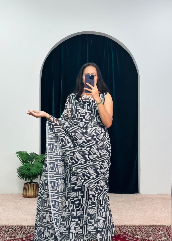 Stylish Black Color Georgette Digital Printed Work Saree