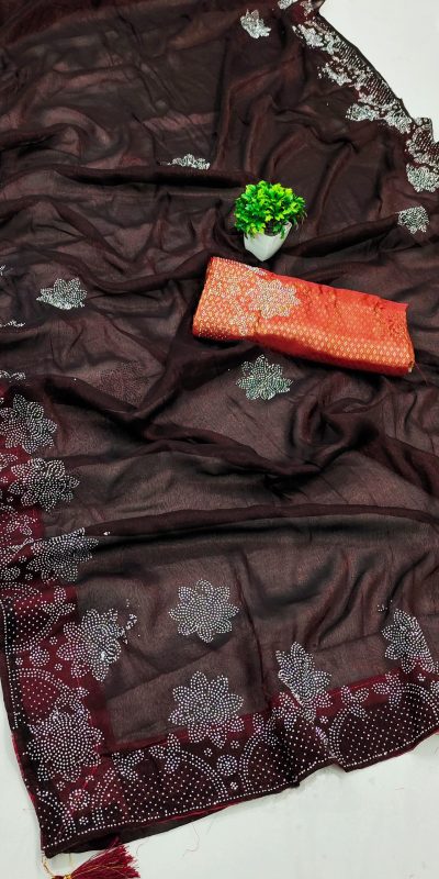 Stylish Brown Black Ket Embellished Swarovski Diamond Saree