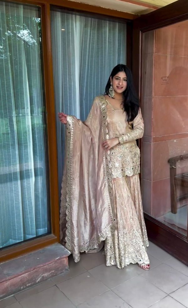 Stylish Golden Color Chinon Silk Embroidery Work Salwar Suit
