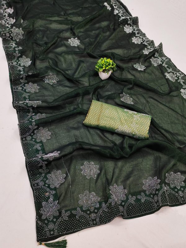 Stylish Green Black Ket Embellished Swarovski Diamond Saree