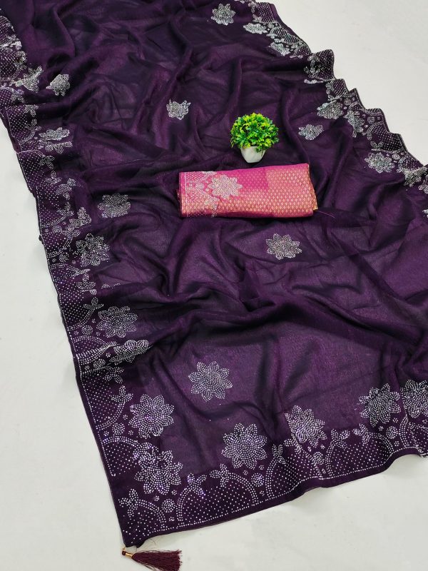 Stylish Purple Black Ket Embellished Swarovski Diamond Saree
