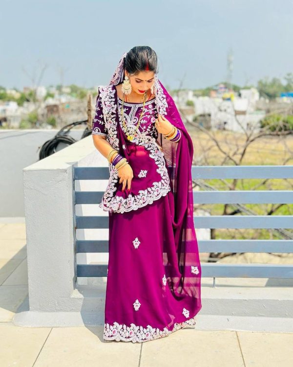 Stylish Purple Color Georgette Cotton Thread Embroidery Saree