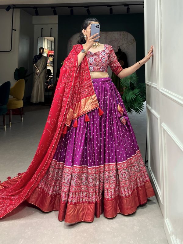 Stylish Purple Color Tussar Patola Print Foil Work Lehenga Choli