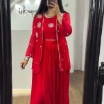 Stylish Red Color Georgette Embroidery With Shrug Lehenga Choli
