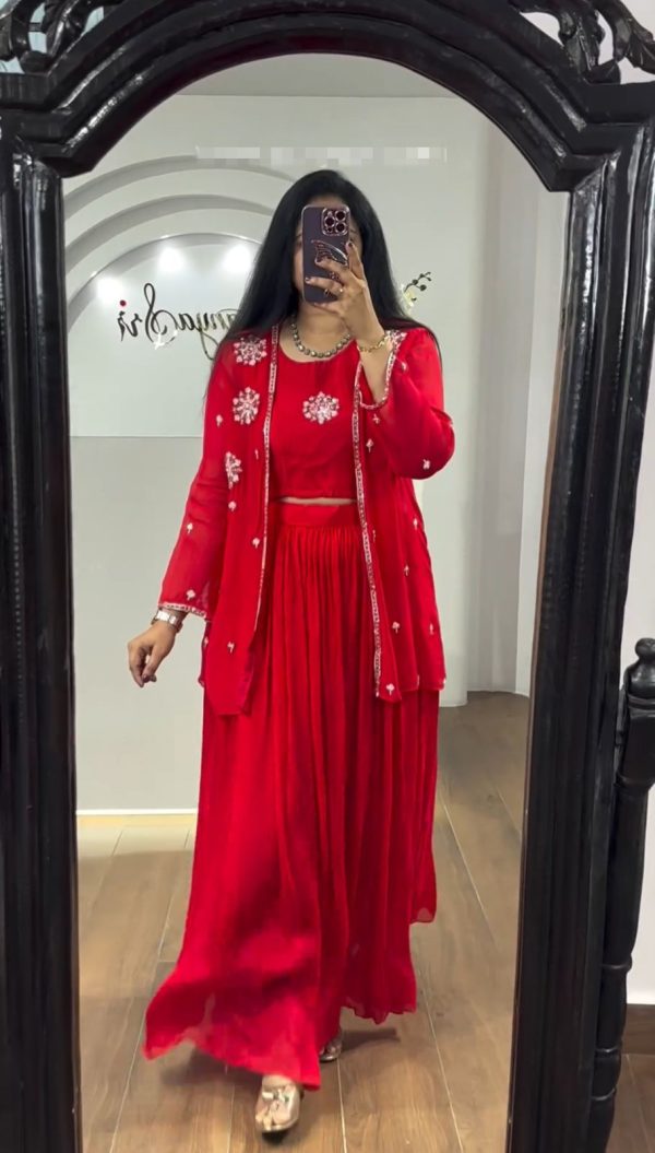 Stylish Red Color Georgette Embroidery With Shrug Lehenga Choli