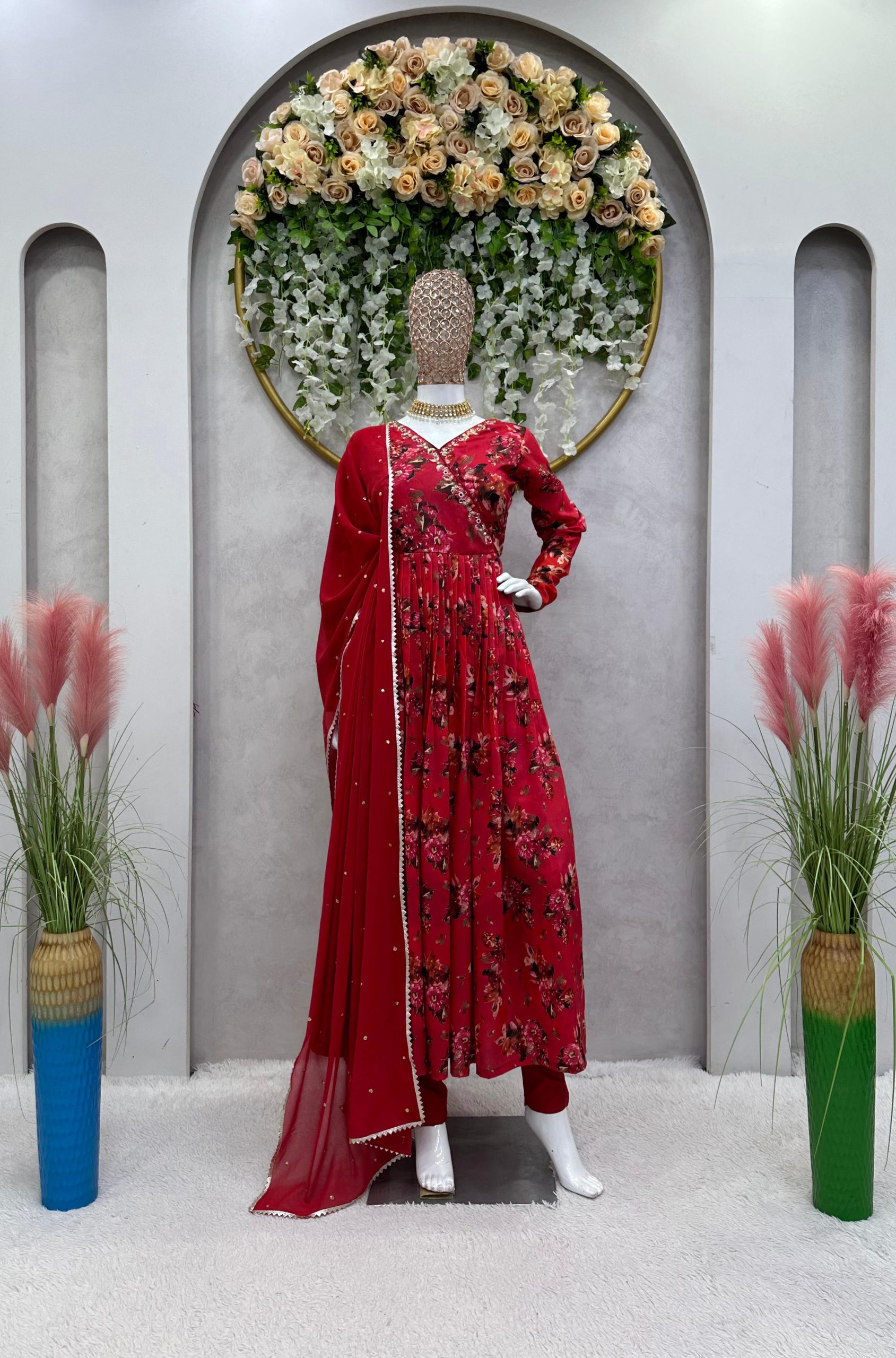 Stylish Red Color Muslin Digital Print With Hand Work Salwar Suit