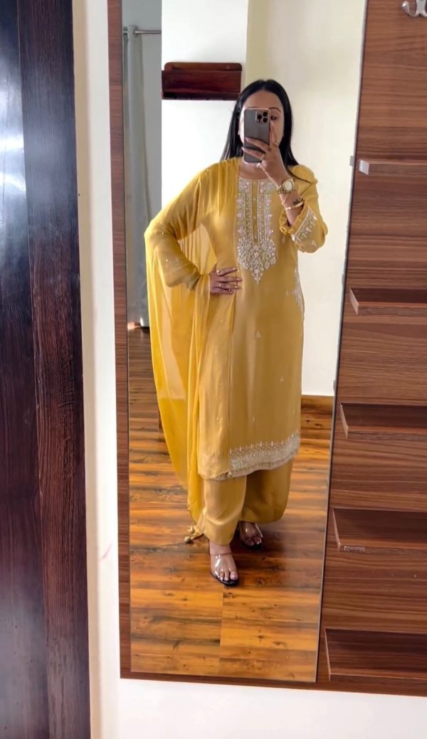 Stylish Yellow Chinnon Silk Embroidery Coding Dori Salwar Suit