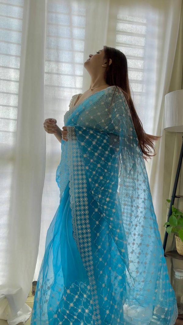Sublime Blue Color Organza Embroidery Thread Work Saree