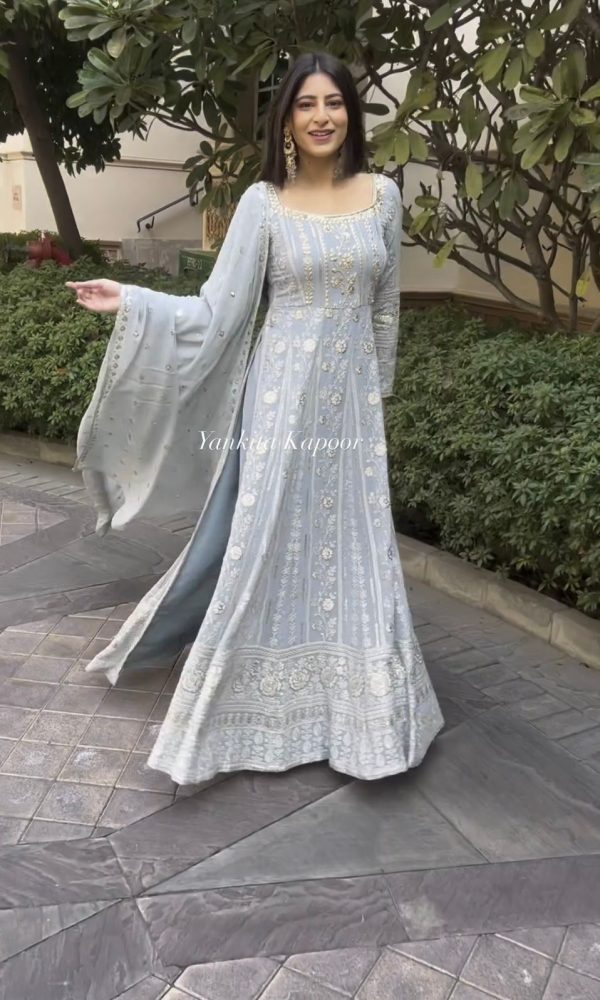 Sublime Grey Color Foix Georgette Embroidery Woek Salwar Suit