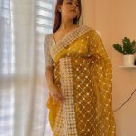 Sublime Mustard Color Organza Embroidery Thread Work Saree