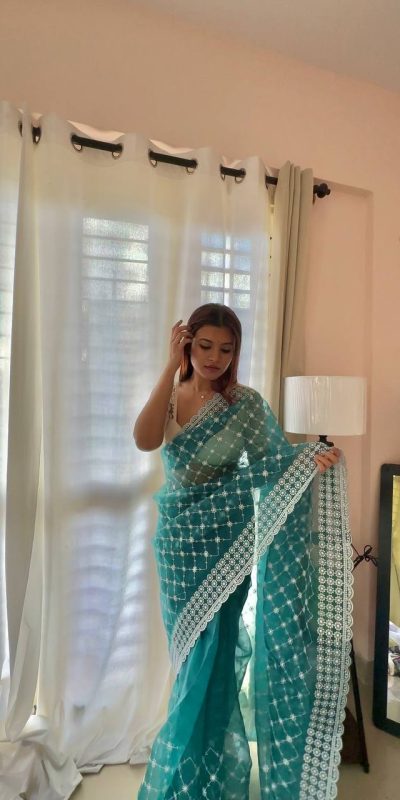 Sublime Peacock Green Color Organza Embroidery Thread Saree